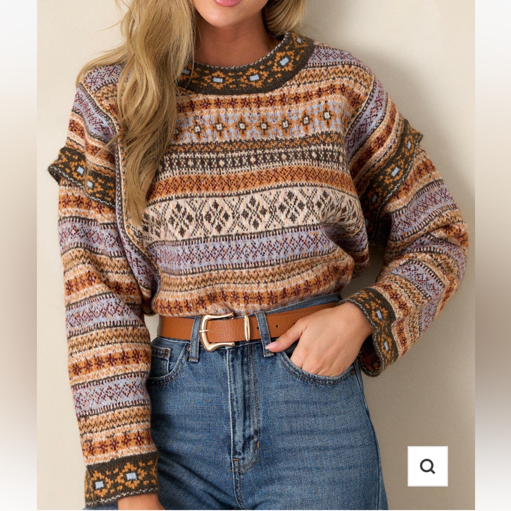 Red Dress Wild Ride Light Brown Multi Fair Isle Print Sweater